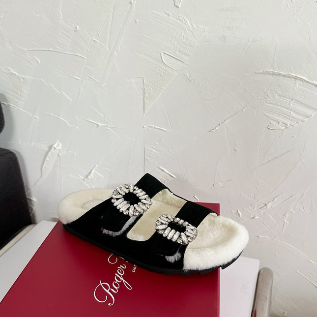 SLIDY VIV’ FUR STRASS BUCKLE MULES IN BLACK SUEDE AND CREAM SHEARLING INSOLE