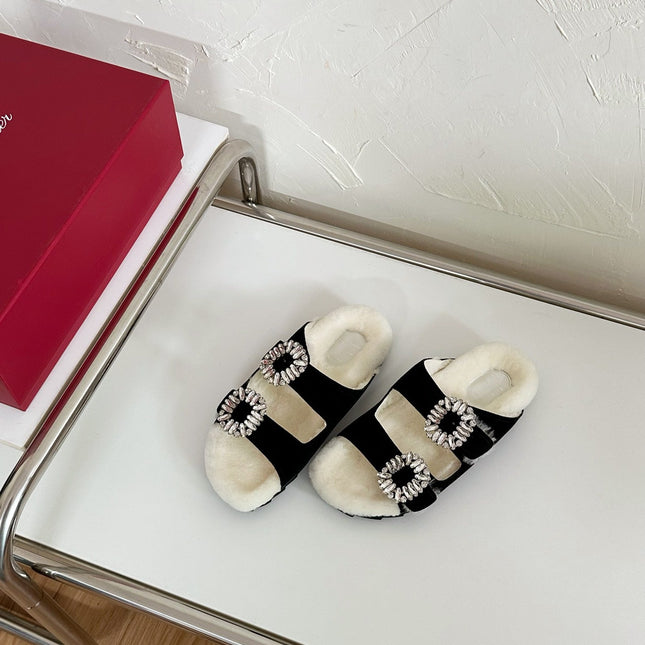 SLIDY VIV’ FUR STRASS BUCKLE MULES IN BLACK SUEDE AND CREAM SHEARLING INSOLE