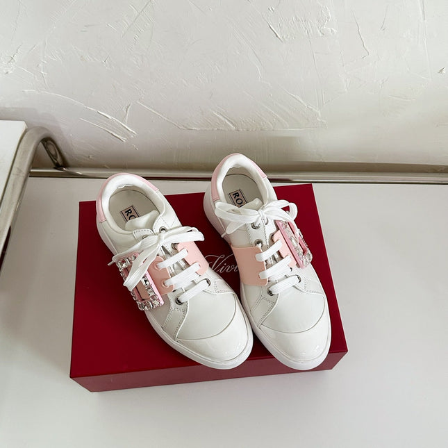 VIV' SKATE SNEAKERS IN WHITE CALFSKIN LIGHT PINK GLITTER STRAP AND CRYSTAL BUCKLE