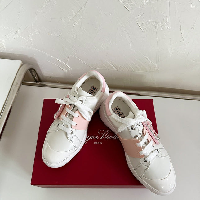 VIV' SKATE SNEAKERS IN WHITE CALFSKIN LIGHT PINK GLITTER STRAP AND CRYSTAL BUCKLE