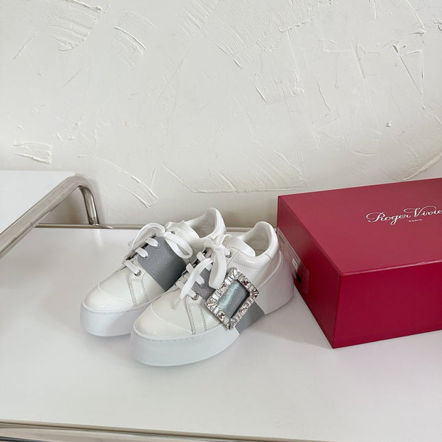 VIV' SKATE SNEAKERS IN WHITE CALFSKIN SILVER GLITTER STRAP AND CRYSTAL BUCKLE