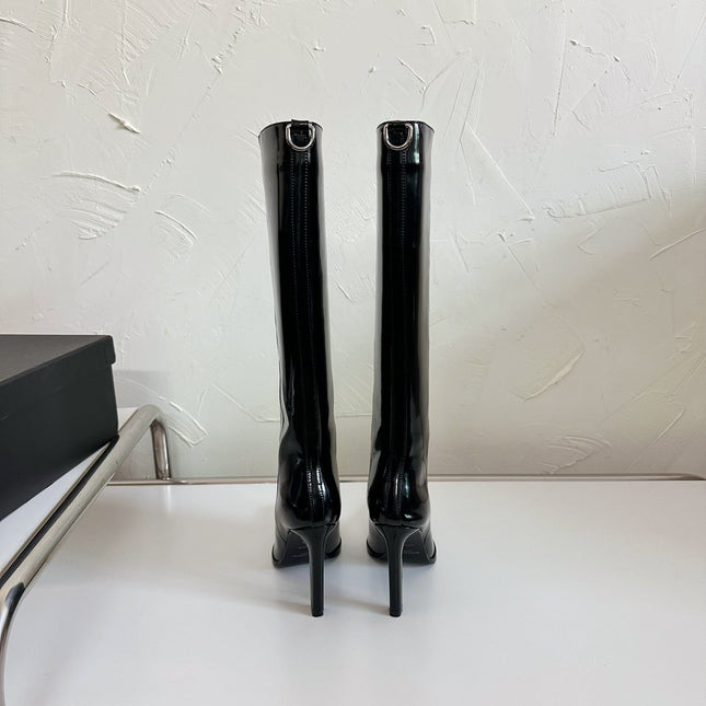 HIGH HEEL KNEE BOOTS IN BLACK SHINY CALFSKIN