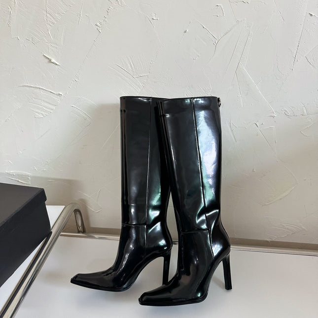 HIGH HEEL KNEE BOOTS IN BLACK SHINY CALFSKIN