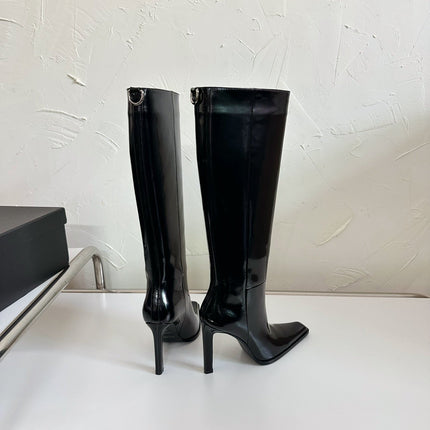 HIGH HEEL KNEE BOOTS IN BLACK SHINY CALFSKIN