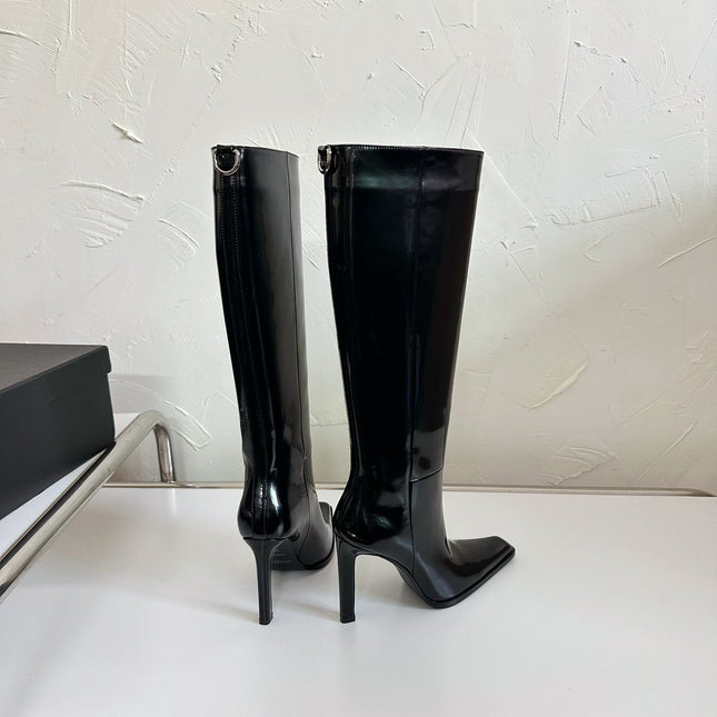 HIGH HEEL KNEE BOOTS IN BLACK SHINY CALFSKIN