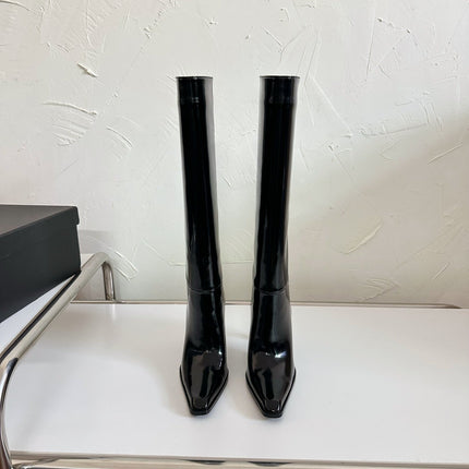 HIGH HEEL KNEE BOOTS IN BLACK SHINY CALFSKIN