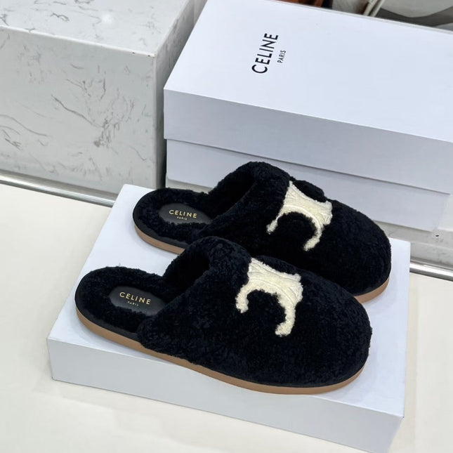 CELINE 25S GEORGIA SLIDE IN SHEARLING IN BLACK