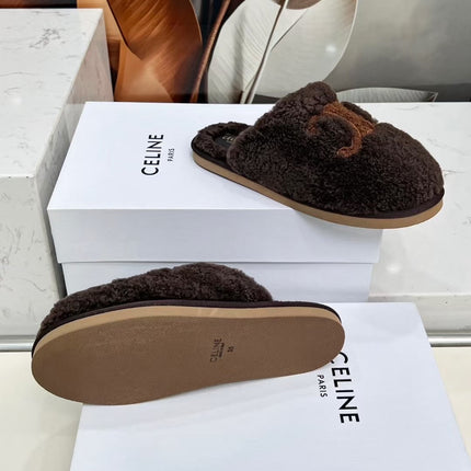 CELINE 25S GEORGIA SLIDE IN SHEARLING IN DARK BROWN