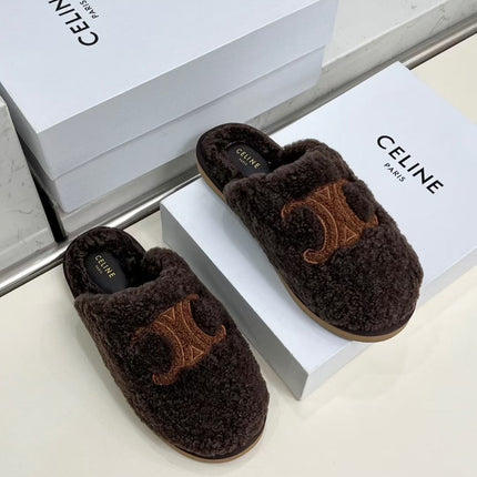 CELINE 25S GEORGIA SLIDE IN SHEARLING IN DARK BROWN