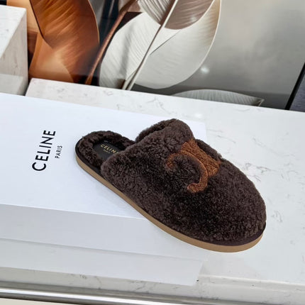 CELINE 25S GEORGIA SLIDE IN SHEARLING IN DARK BROWN