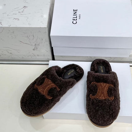 CELINE 25S GEORGIA SLIDE IN SHEARLING IN DARK BROWN