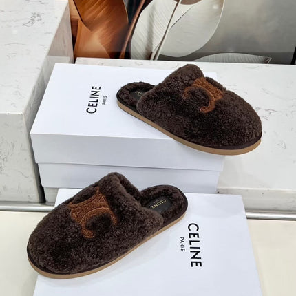 CELINE 25S GEORGIA SLIDE IN SHEARLING IN DARK BROWN