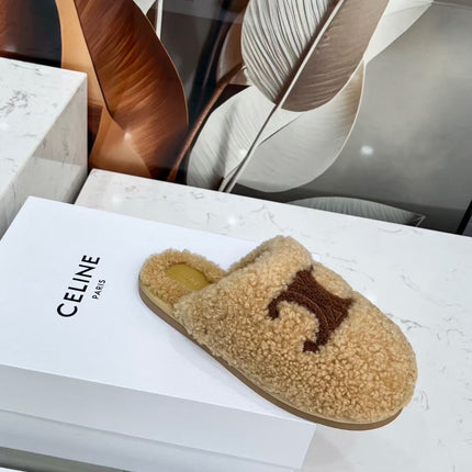 CELINE 25S GEORGIA SLIDE IN SHEARLING IN BROWN