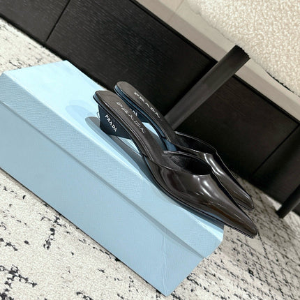 PRADA 25S POINTED-TOE MULES IN BLACK CALFSKIN