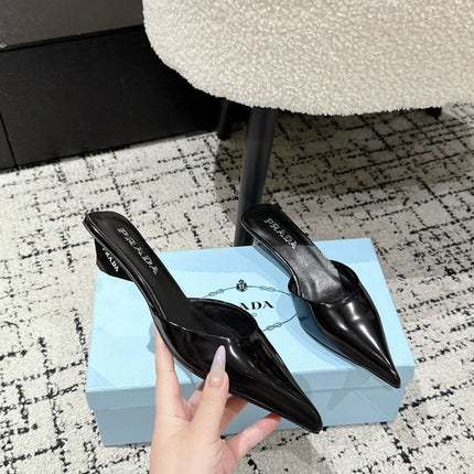 PRADA 25S POINTED-TOE MULES IN BLACK CALFSKIN