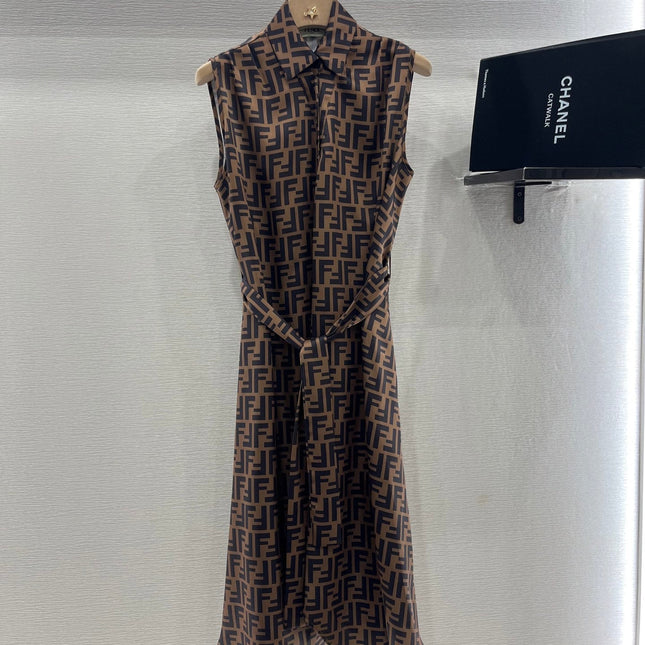 FENDI SLEEVELESS DRESS WITH BELT IN BROWN AND BLACK