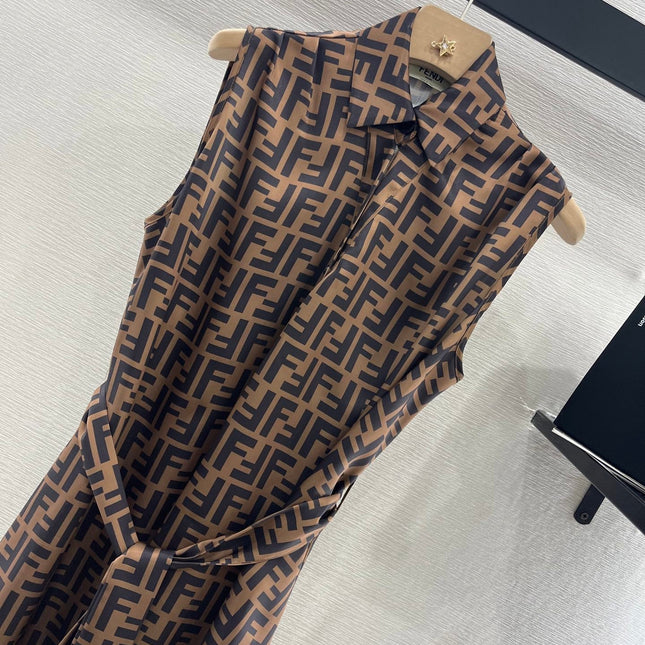 FENDI SLEEVELESS DRESS WITH BELT IN BROWN AND BLACK