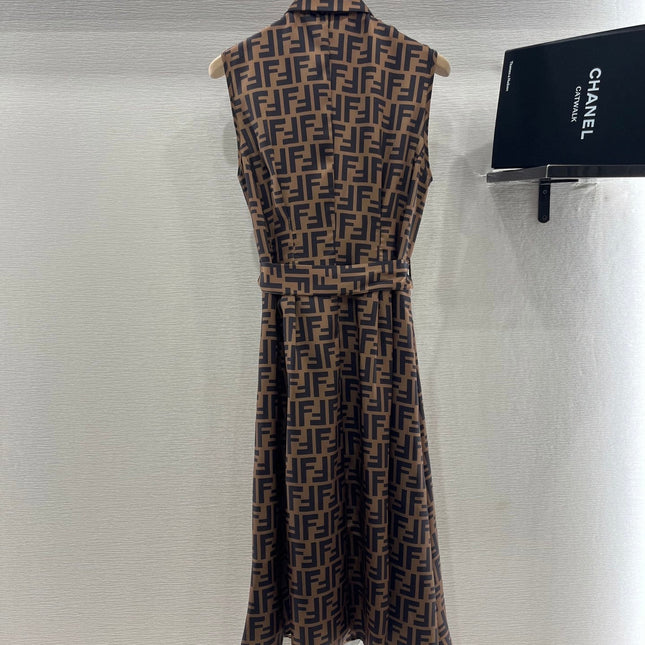 FENDI SLEEVELESS DRESS WITH BELT IN BROWN AND BLACK