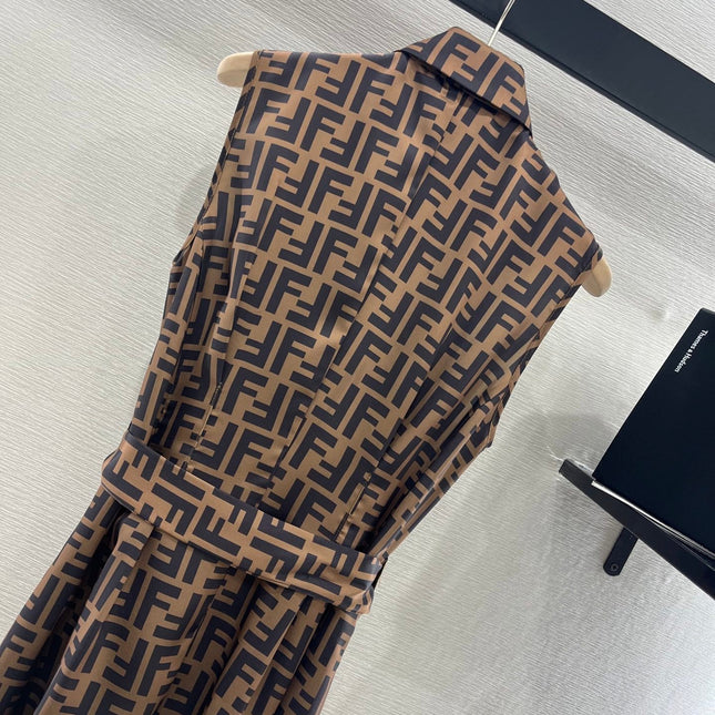 FENDI SLEEVELESS DRESS WITH BELT IN BROWN AND BLACK