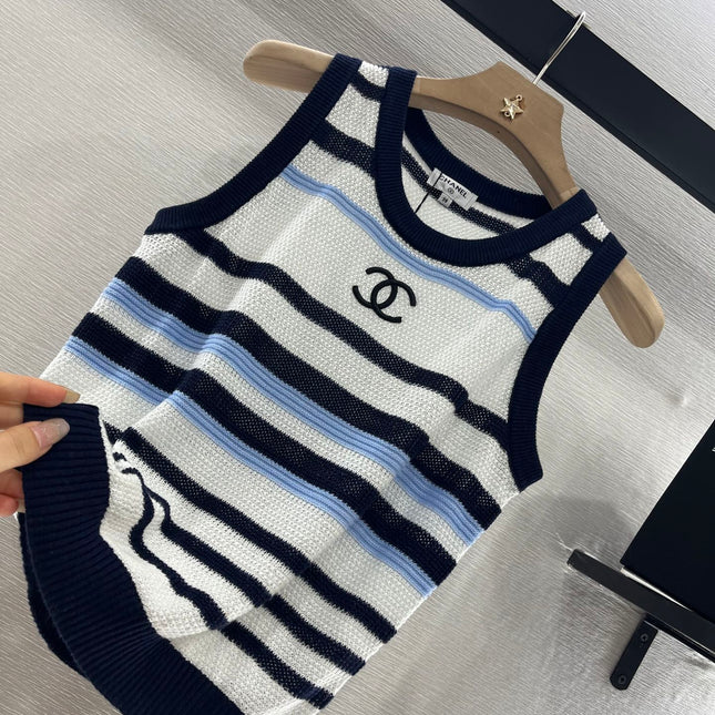 CHANEL STRIPED SLEEVELESS KNIT TOP 263401