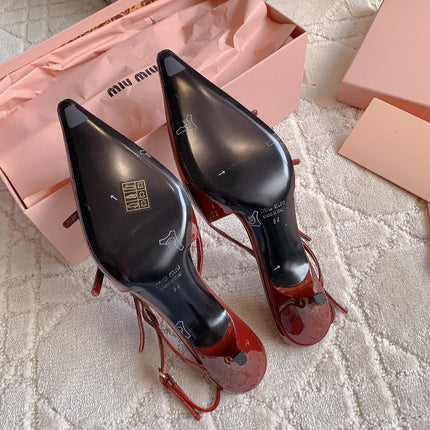 Slingback Ruby Leather With Stylized Cross Straps - Mid Heels