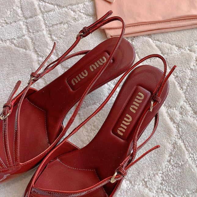 Slingback Ruby Leather With Stylized Cross Straps - Mid Heels