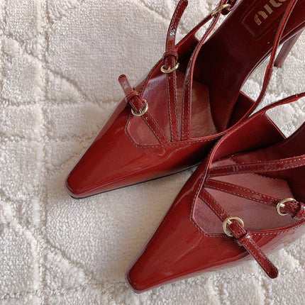 Slingback Ruby Leather With Stylized Cross Straps - High heels