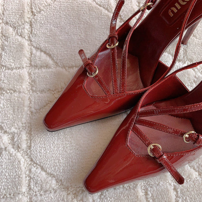 Slingback Ruby Leather With Stylized Cross Straps - High heels