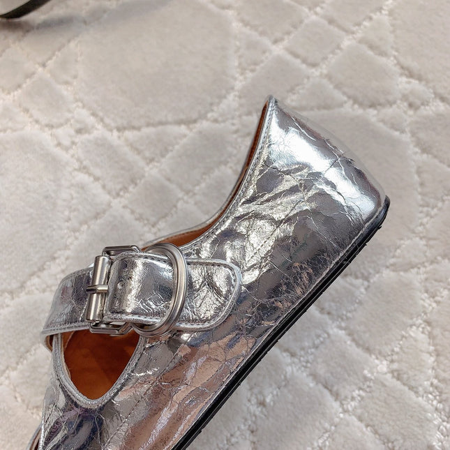 ALAIA CRISS CROSS BALLET FLAT IN SILVER LAMBSKIN