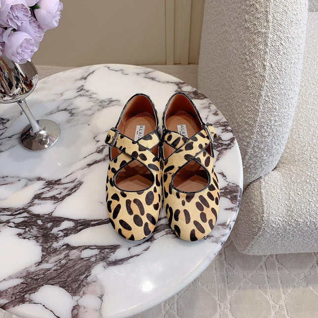 ALAIA CRISS CROSS BALLET FLAT IN LEOPARD LAMBSKIN WITH SILVER HARDWARE