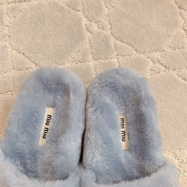 RABBIT FUR SLIPPERS RHINO GRAY WITH EMBROIDED LOGO