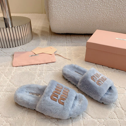 RABBIT FUR SLIPPERS RHINO GRAY WITH EMBROIDED LOGO