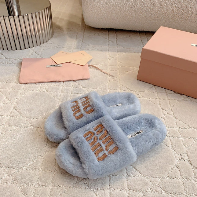 RABBIT FUR SLIPPERS RHINO GRAY WITH EMBROIDED LOGO
