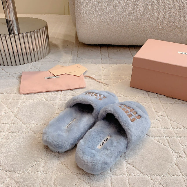 RABBIT FUR SLIPPERS RHINO GRAY WITH EMBROIDED LOGO