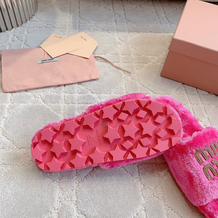 RABBIT FUR SLIPPERS MAGENTA PINK WITH EMBROIDED LOGO
