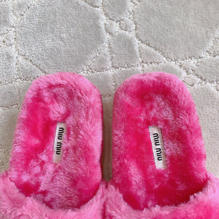 RABBIT FUR SLIPPERS MAGENTA PINK WITH EMBROIDED LOGO