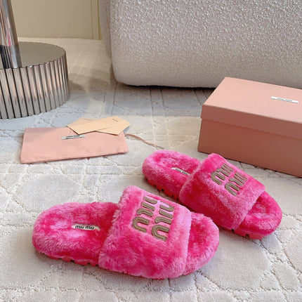 RABBIT FUR SLIPPERS MAGENTA PINK WITH EMBROIDED LOGO