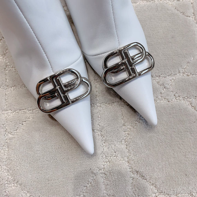POINTED-TOE HIGH HEEL BOOTS IN WHITE SMOOTH LAMBSKIN