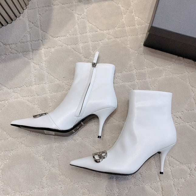 POINTED-TOE HIGH HEEL BOOTS IN WHITE SMOOTH LAMBSKIN