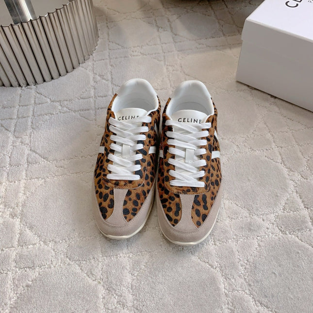 CELINE 25S JOGGER LOW LACE UP SNEAKER IN LEOPARD PRINT CALFSKIN AND SUEDE