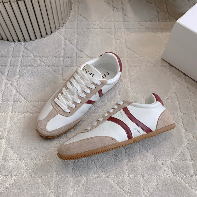 CELINE 25S JOGGER LOW LACE UP SNEAKER IN WHITE BEIGE RED CALFSKIN AND SUEDE