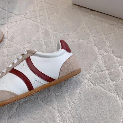 CELINE 25S JOGGER LOW LACE UP SNEAKER IN WHITE BEIGE RED CALFSKIN AND SUEDE