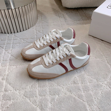 CELINE 25S JOGGER LOW LACE UP SNEAKER IN WHITE BEIGE RED CALFSKIN AND SUEDE