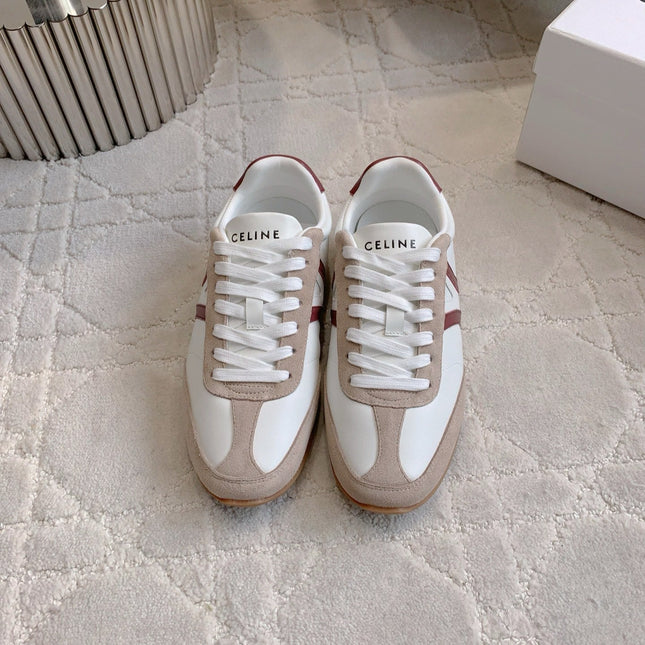 CELINE 25S JOGGER LOW LACE UP SNEAKER IN WHITE BEIGE RED CALFSKIN AND SUEDE