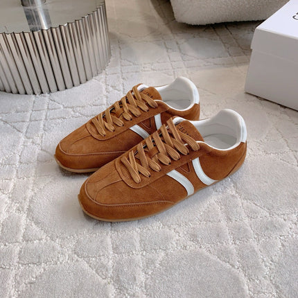 CELINE 25S JOGGER LOW LACE UP SNEAKER IN RUST BROWN CALFSKIN AND SUEDE