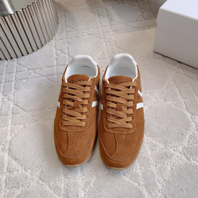 CELINE 25S JOGGER LOW LACE UP SNEAKER IN RUST BROWN CALFSKIN AND SUEDE