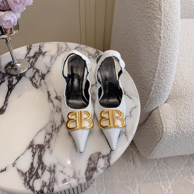 BALENCIAGA 25S HIGH SLINGBACK 35 MM IN WHITE LAMBSKIN WITH GOLD HARDWARE