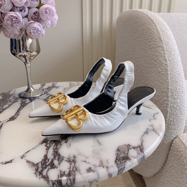 BALENCIAGA 25S HIGH SLINGBACK 35 MM IN WHITE LAMBSKIN WITH GOLD HARDWARE