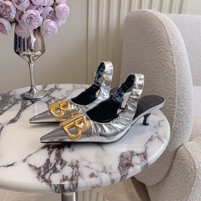 BALENCIAGA 25S HIGH SLINGBACK 35 MM IN SILVER LAMBSKIN WITH GOLD HARDWARE