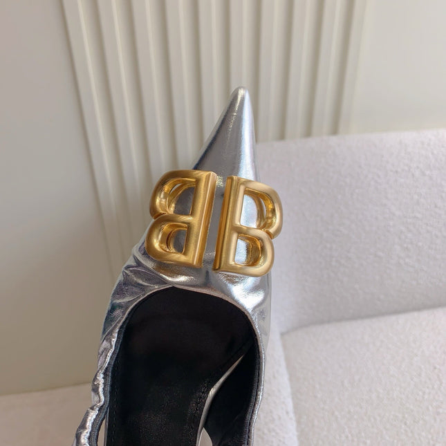 BALENCIAGA 25S HIGH SLINGBACK 35 MM IN SILVER LAMBSKIN WITH GOLD HARDWARE